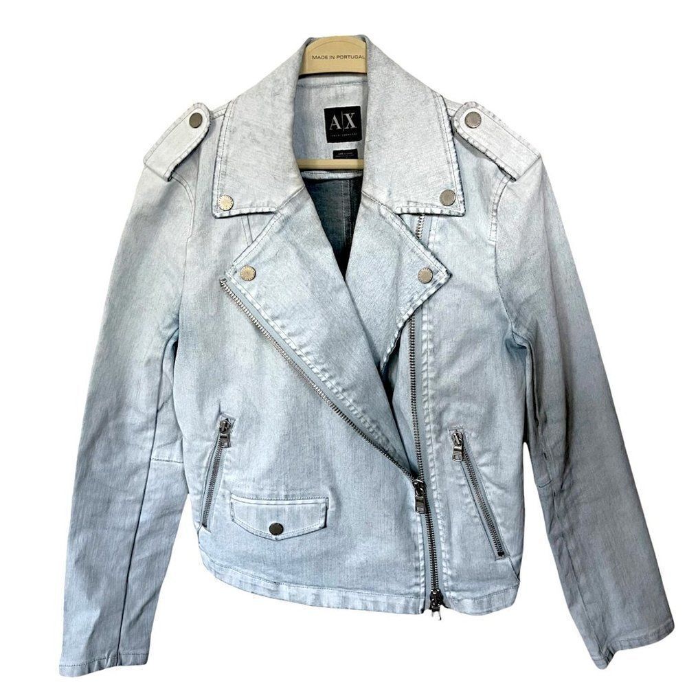 Armani Exchange Blue Full Zip White Washed Denim Cropped Moto Jacket Size XS